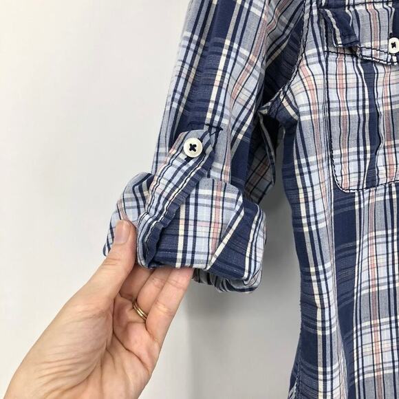 Izod Men's Plaid Button Up Shirt S Blue Pink Utility Roll Tab Long Sleeve Cotton - Picture 5 of 9